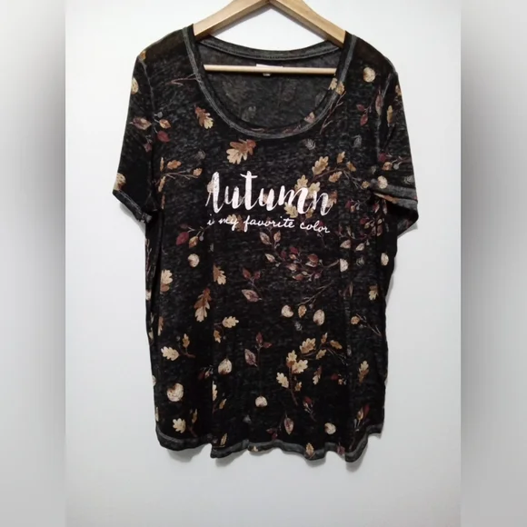 Maurices Black Short Sleeve 'Autumn' Graphic Tee with Floral Leaves - Picture 2 of 7